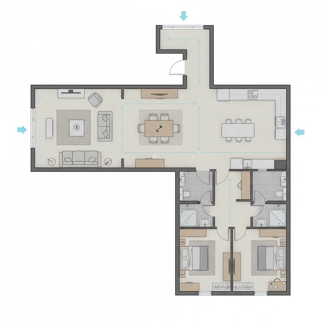 Floor plan diagram showing circulation paths through a T shaped home layout