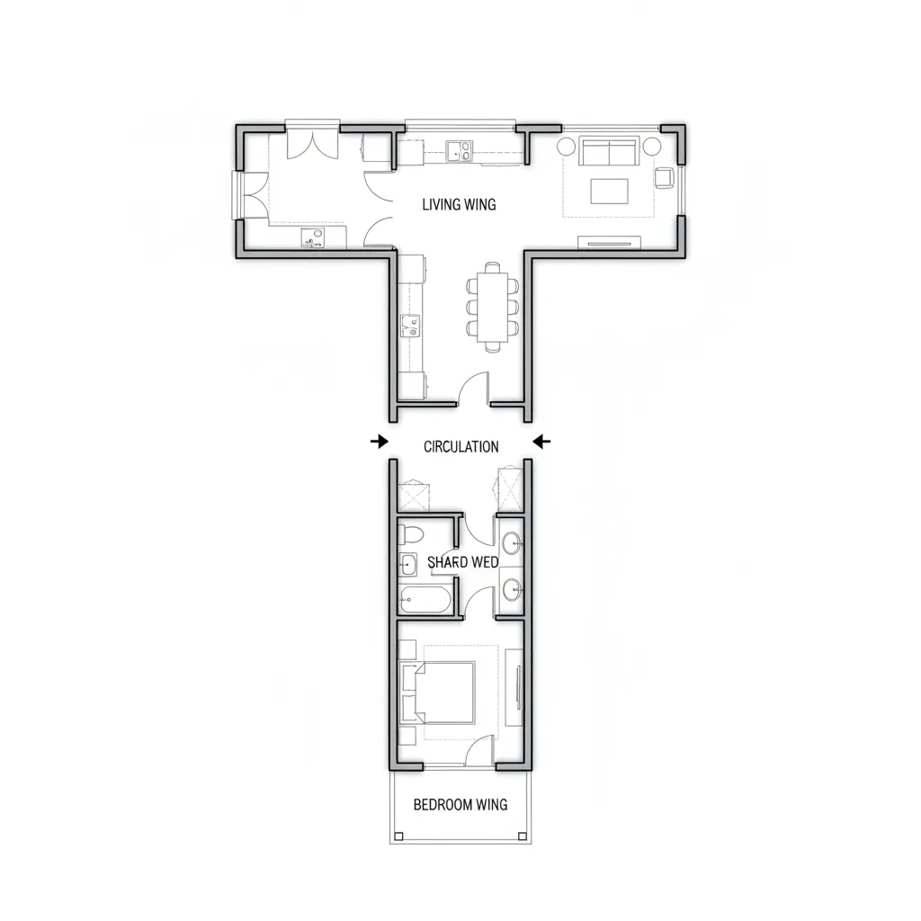Architectural floor plan of a compact T shaped home layout