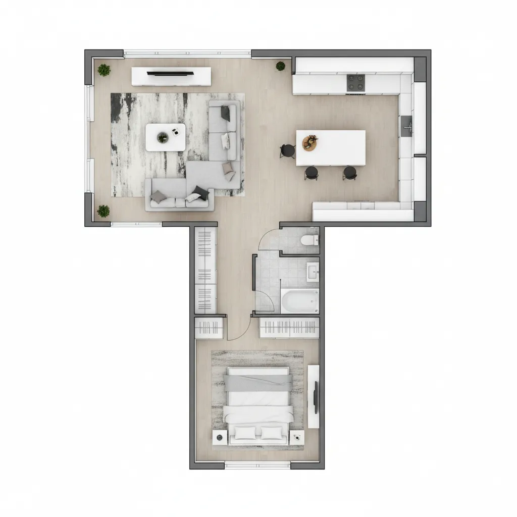 Top view diagram style visualization of a T shaped house layout