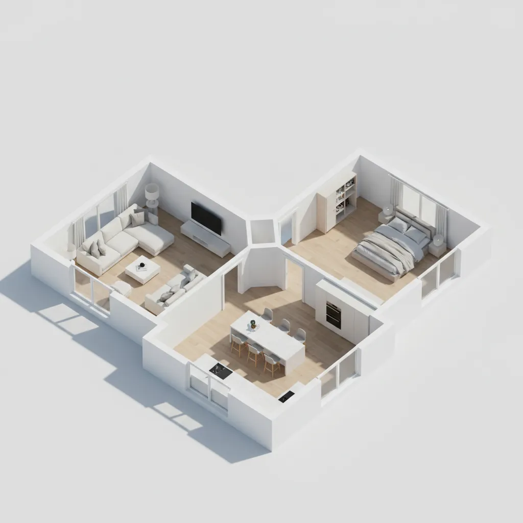 3D visualization of a small T shaped house layout showing three wings connected at a central hub