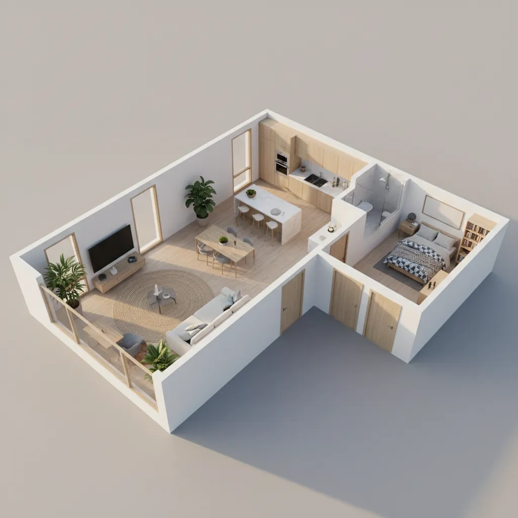Interior zoning of a T shaped floor plan separating living and bedroom areas