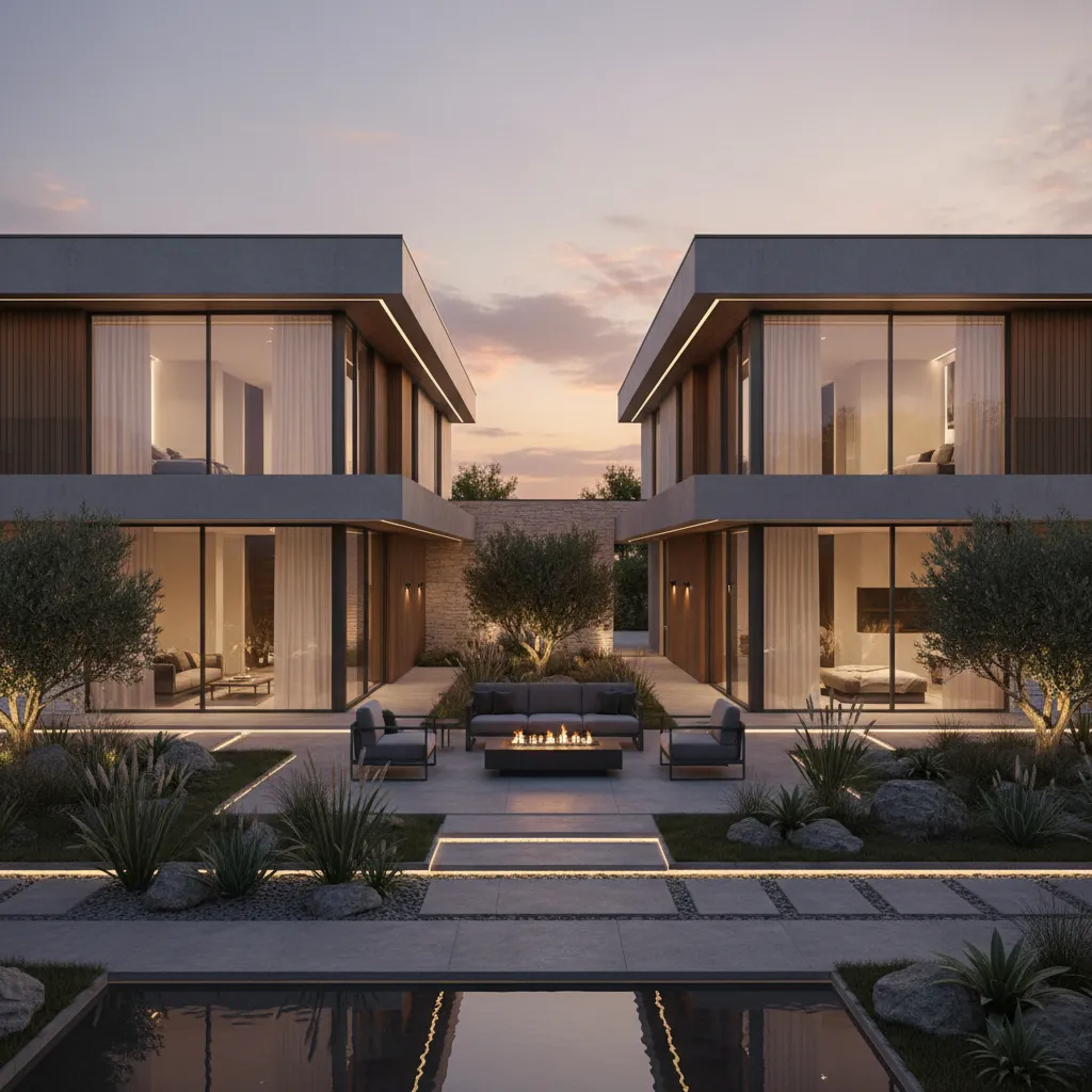 T shaped house creating courtyard outdoor space between wings