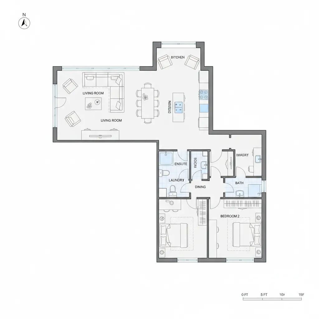 T shaped house floor plan showing separation of living and bedroom wings