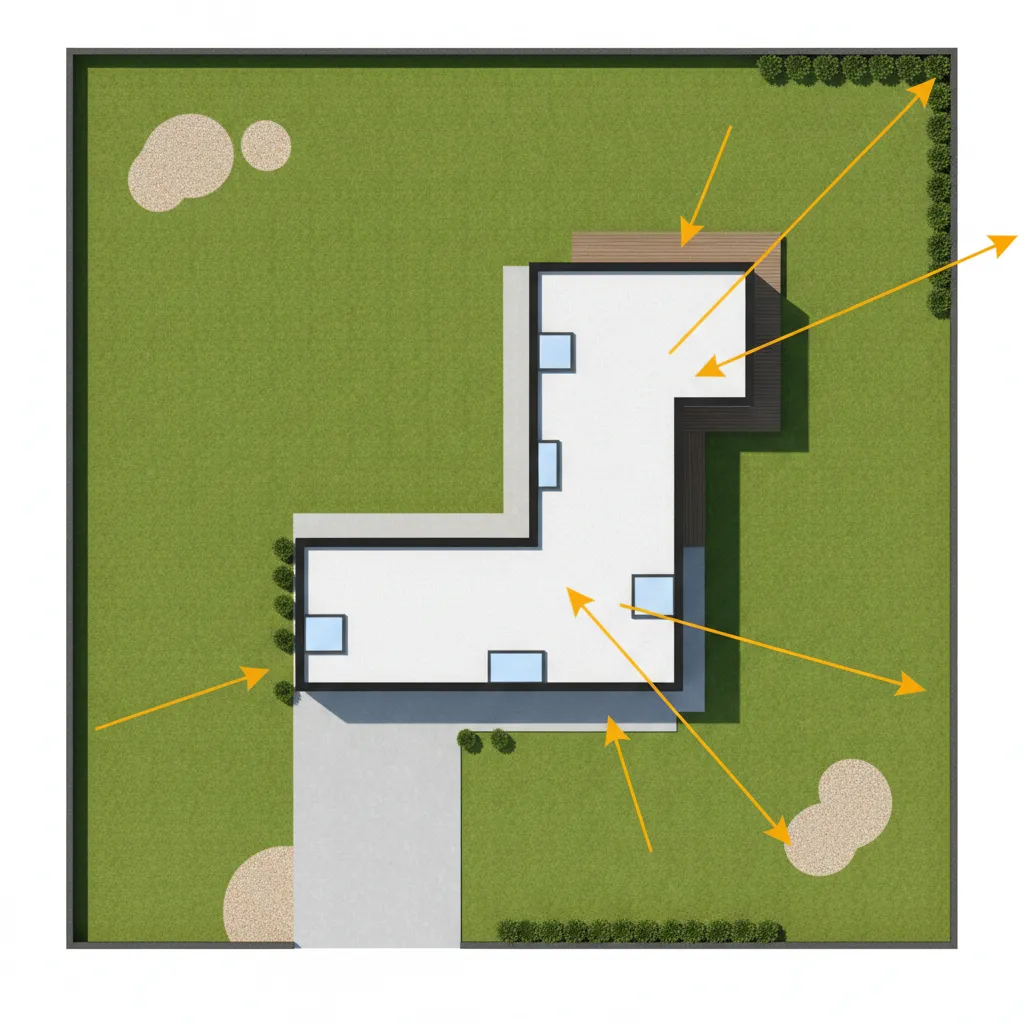 Architectural diagram showing T shaped house orientation on a wide lot