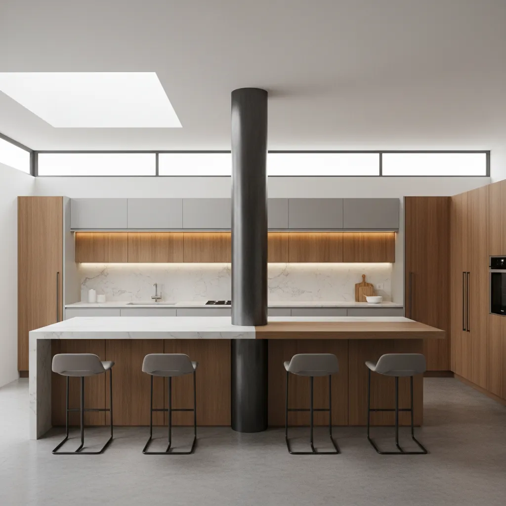 T shaped kitchen island layout designed around structural column
