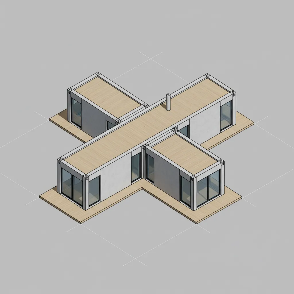 Diagram showing prefab modules forming a T shaped house design
