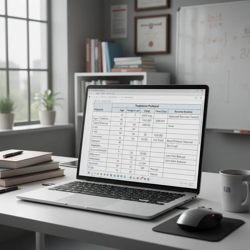 Laptop on a white office desk showing a table with data near window and mug