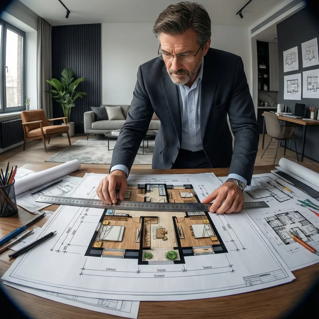 Diseñador analizando planos de distribución en una mesa de trabajo