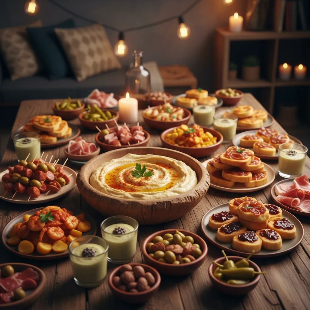 Mesa con varias tapas caseras preparadas para invitados