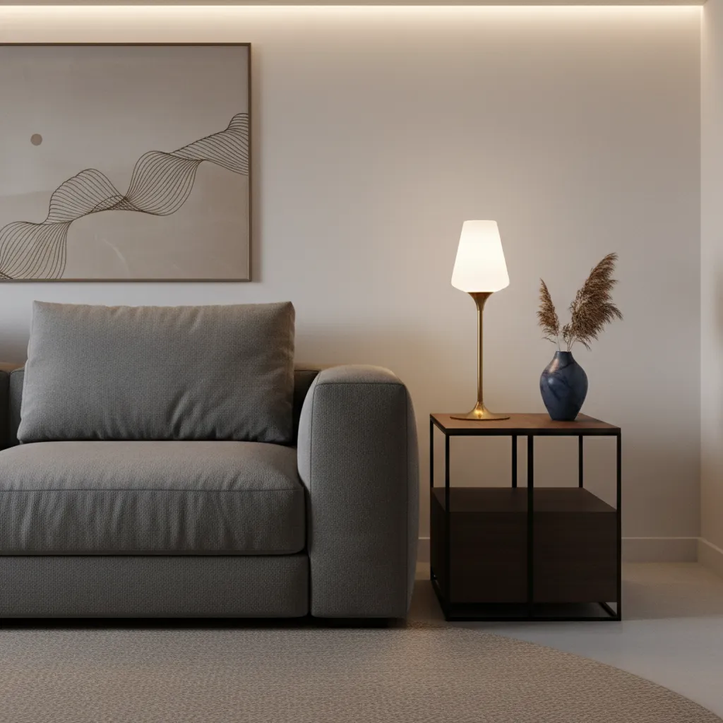 Interior designer style table lamp on side table beside sofa showing proper scale and height