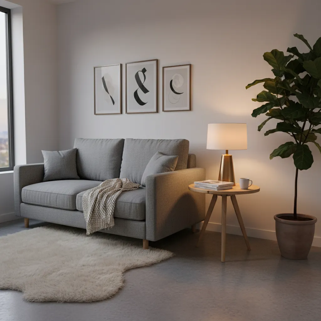 Table lamp on small side table beside sofa in compact living room