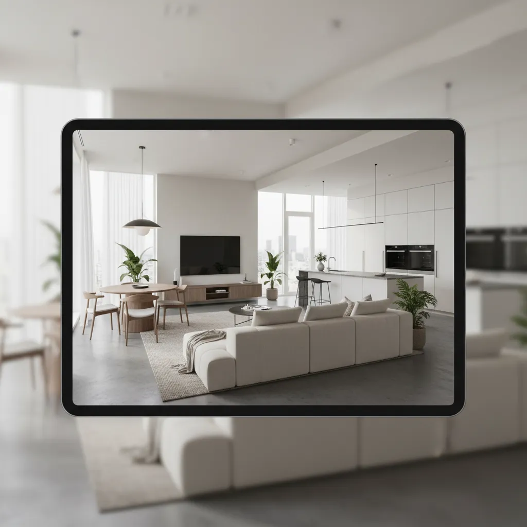 Tablet displaying 3D preview of a home floor plan design