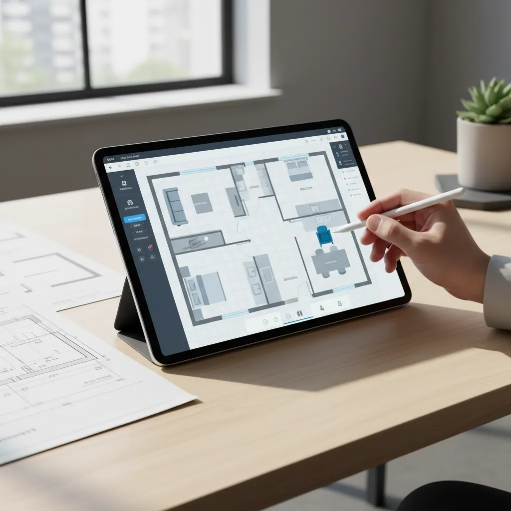 Using a tablet floor plan creator app to design a living room layout