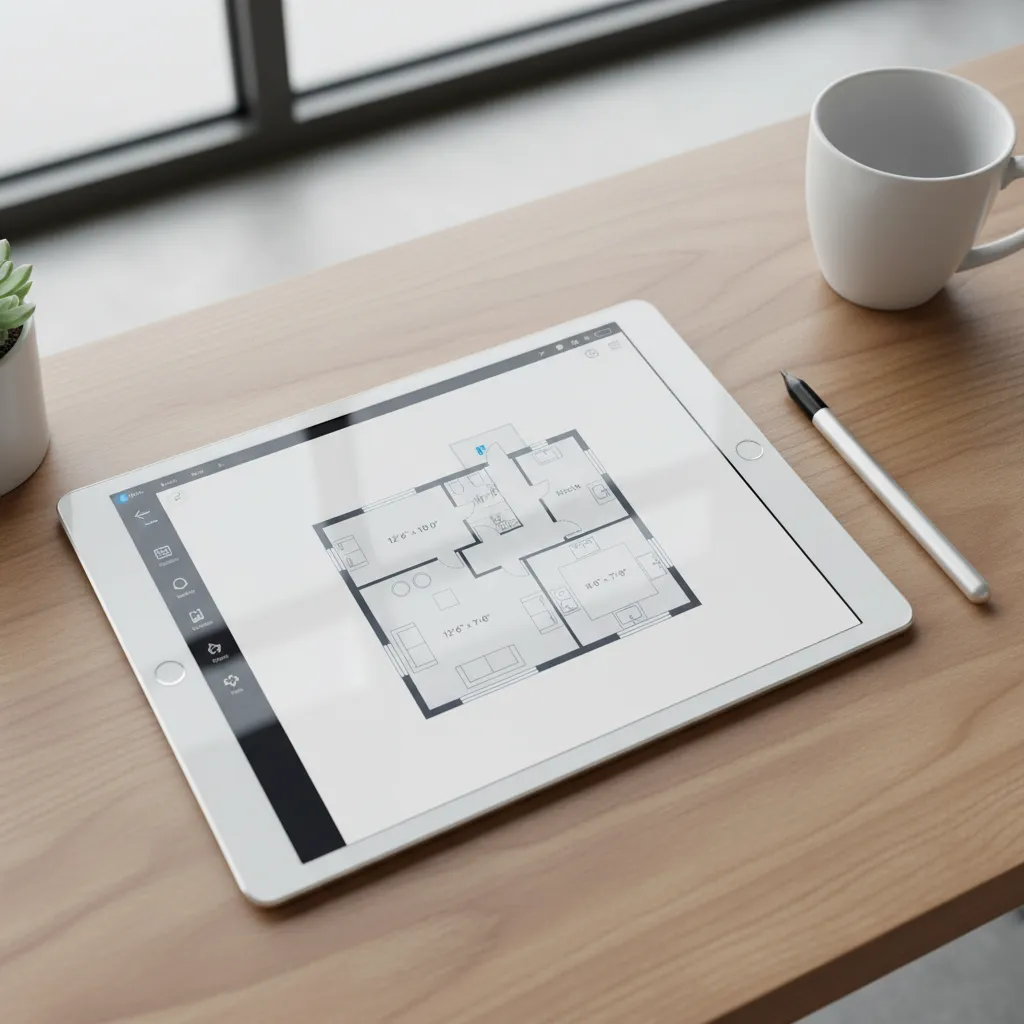 Tablet displaying a modern floor plan creator interface with rooms and measurements