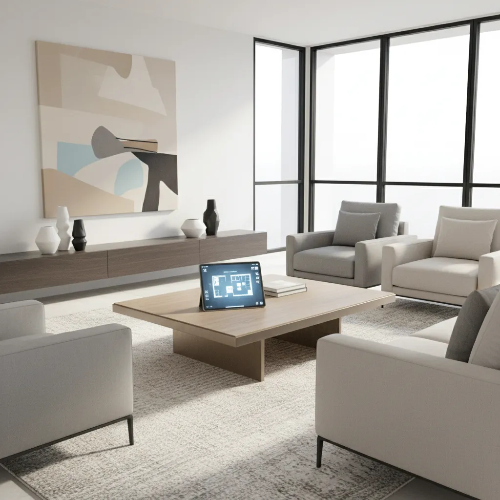 Tablet displaying a digital floor plan next to a modern living room interior