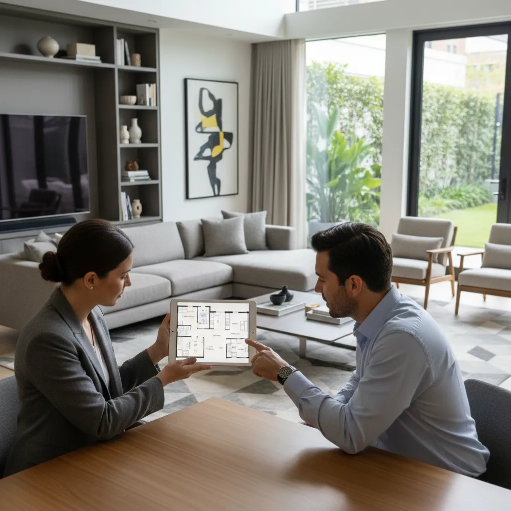Interior designer showing a tablet floor plan layout to a client during consultation
