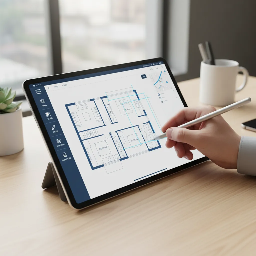 Tablet mostrando un plano de vivienda en proceso de diseño