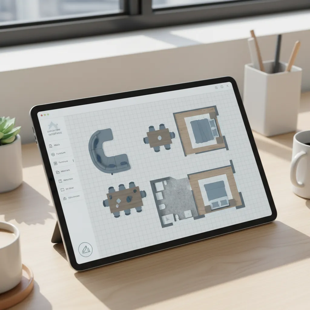 Tablet screen showing furniture layout planning inside a digital floor plan