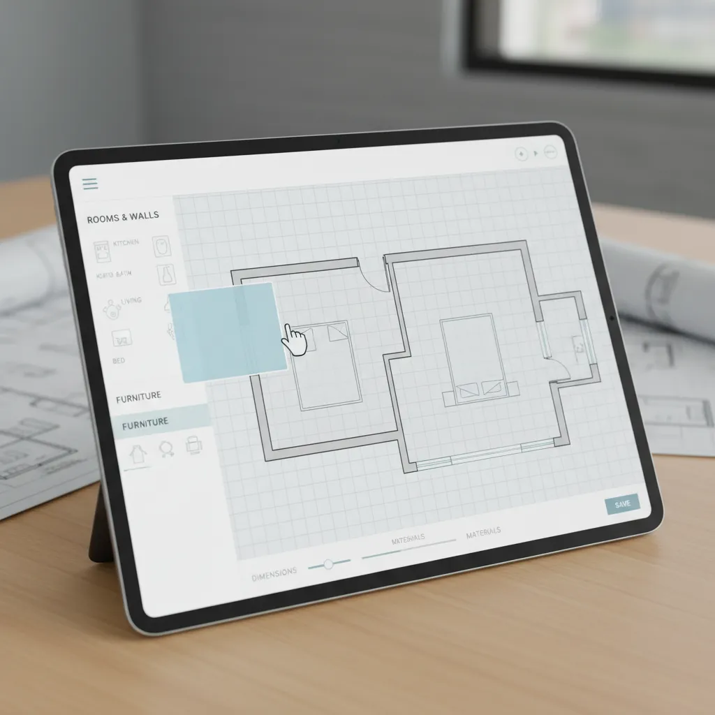 Tablet showing drag and drop floor plan layout interface