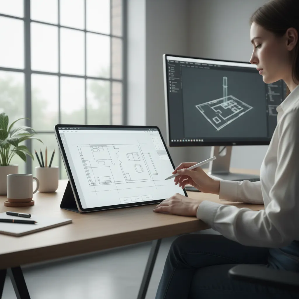 Interior designer sketching a floor plan on a tablet with stylus