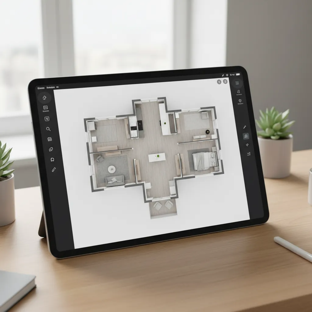 Plano de casa completo visualizado en 3D desde una tablet