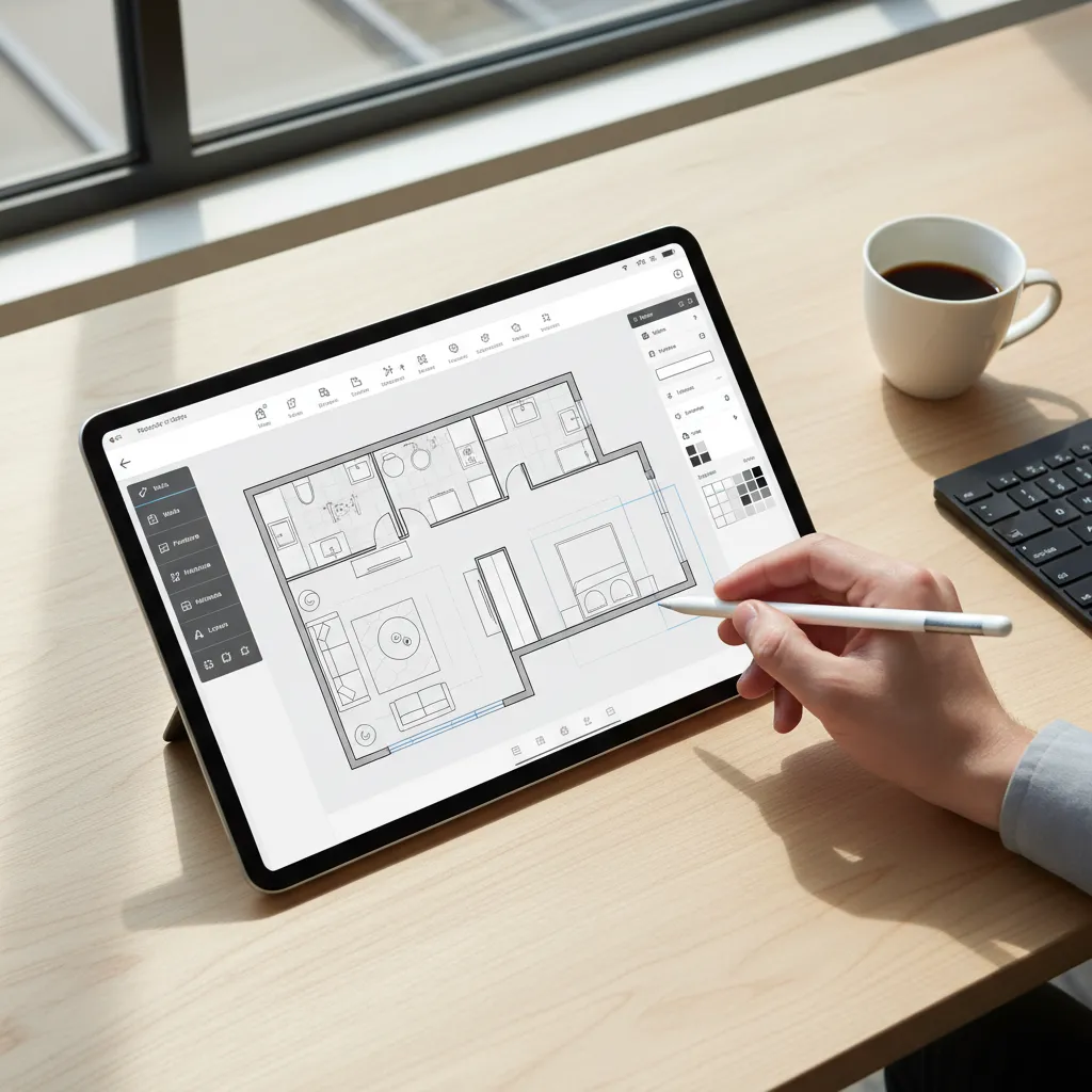 Aplicación de diseño de interiores abierta en una tablet mostrando un plano