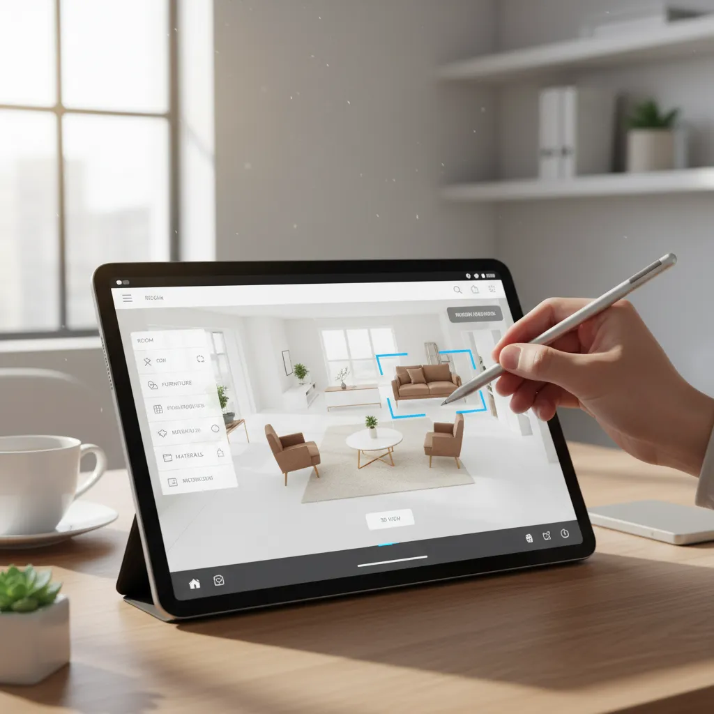 Edición de distribución de muebles en una app de diseño interior en tablet
