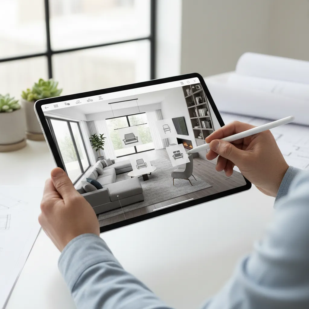 Usuario reorganizando muebles en una aplicación de diseño en tablet
