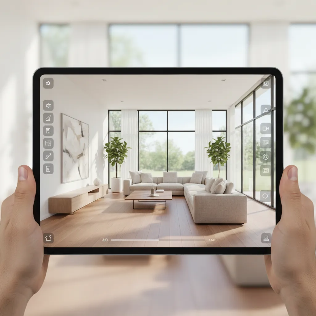 Render de un salón moderno generado desde una app de diseño en tablet