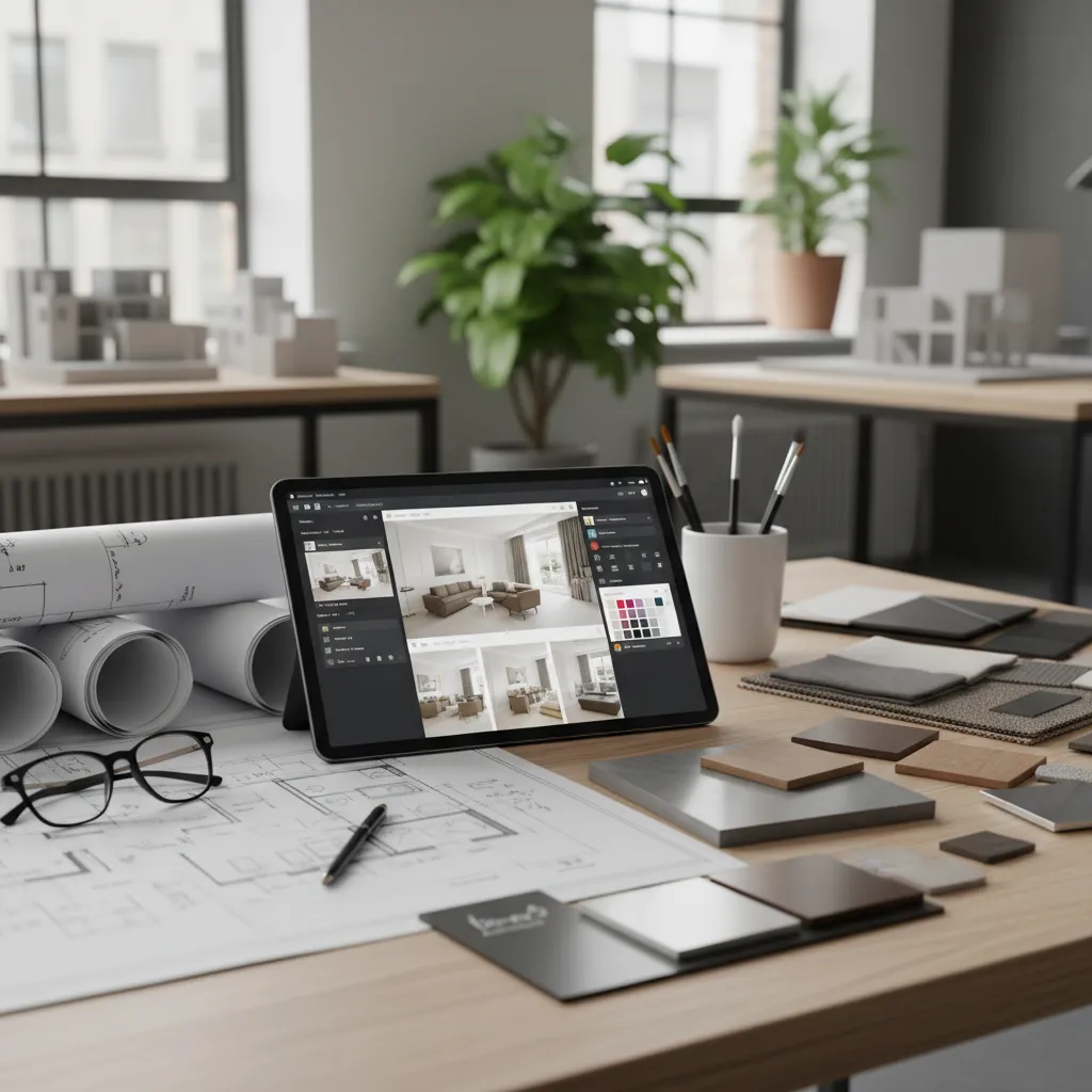 Tablet con aplicaciones de diseño abiertas junto a planos impresos
