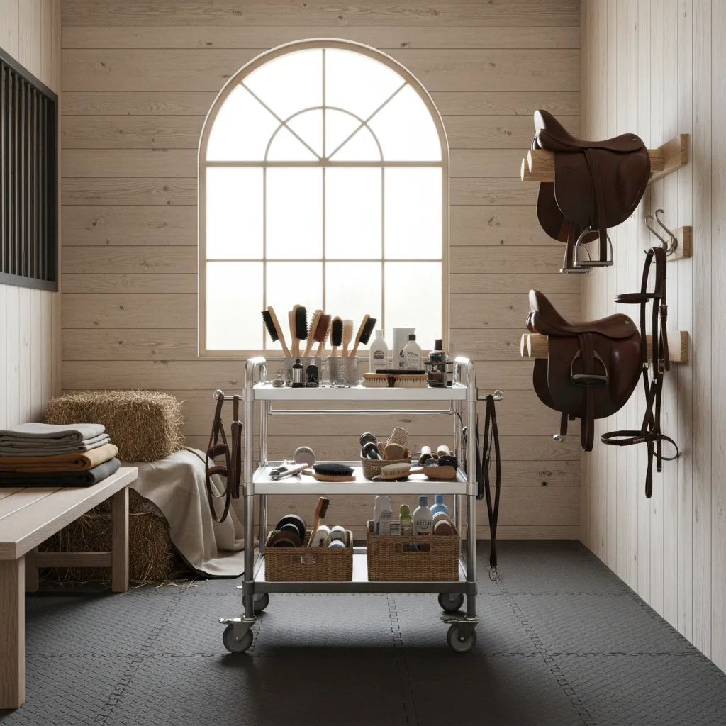 metal rolling grooming cart with brushes and sprays inside small tack room