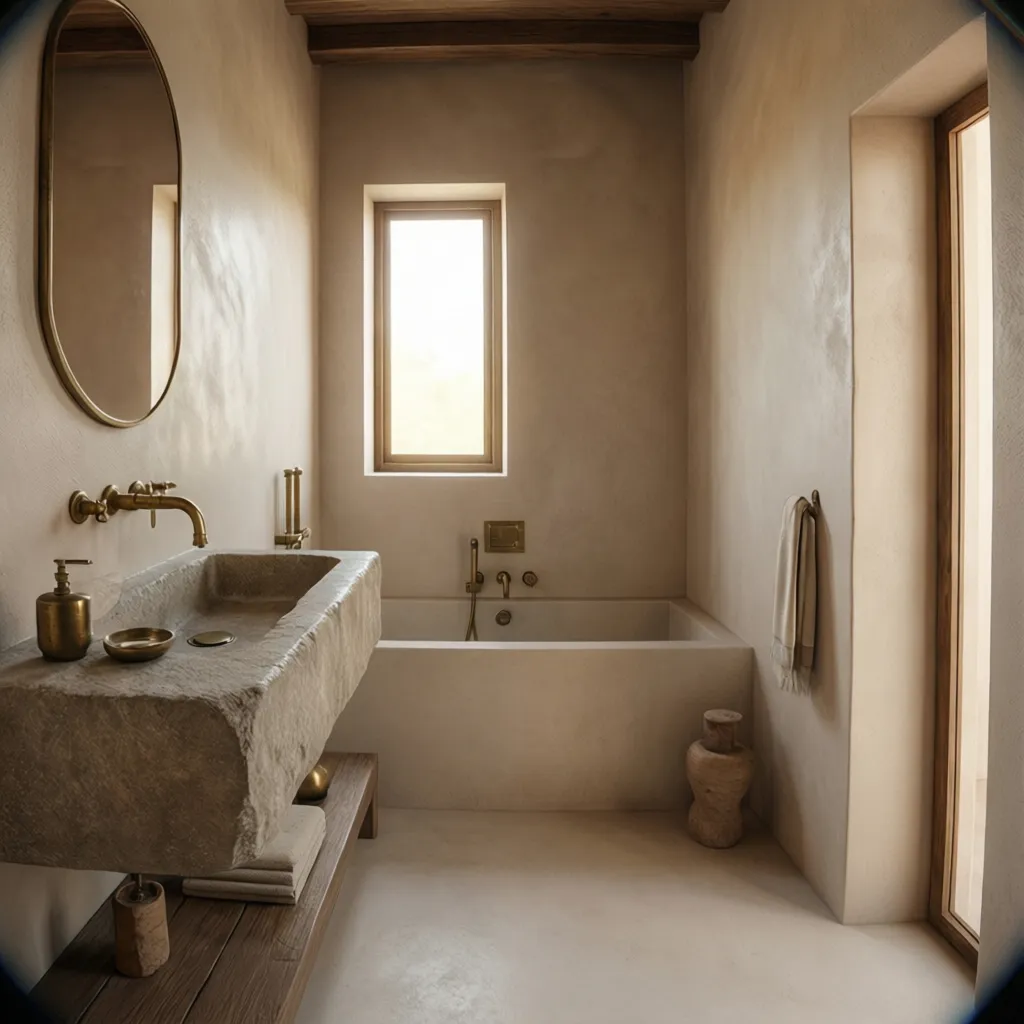 Bathroom with smooth tadelakt plaster walls and Moroccan design accents
