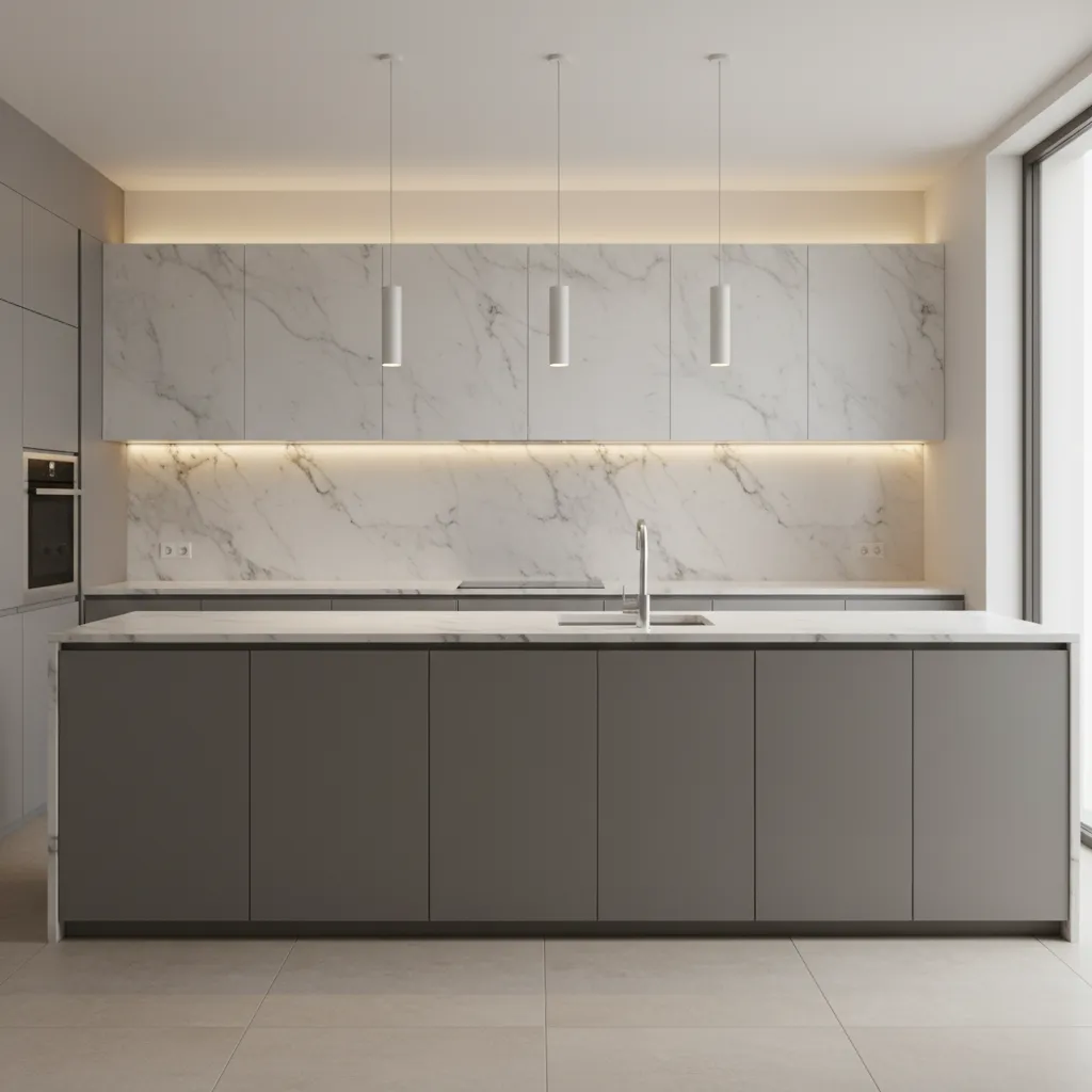 modern kitchen with large backsplash space between counter and cabinets