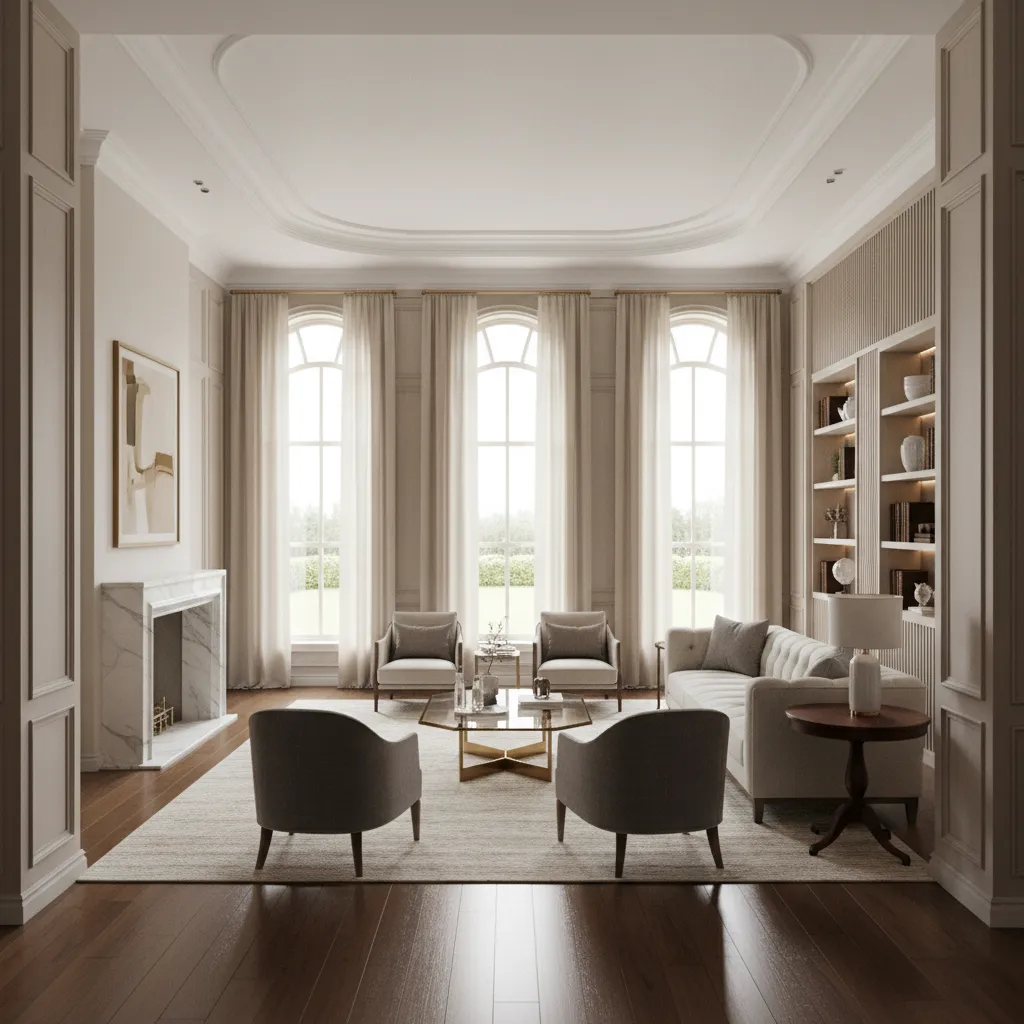 Luxury living room featuring tall decorative baseboards and high ceilings