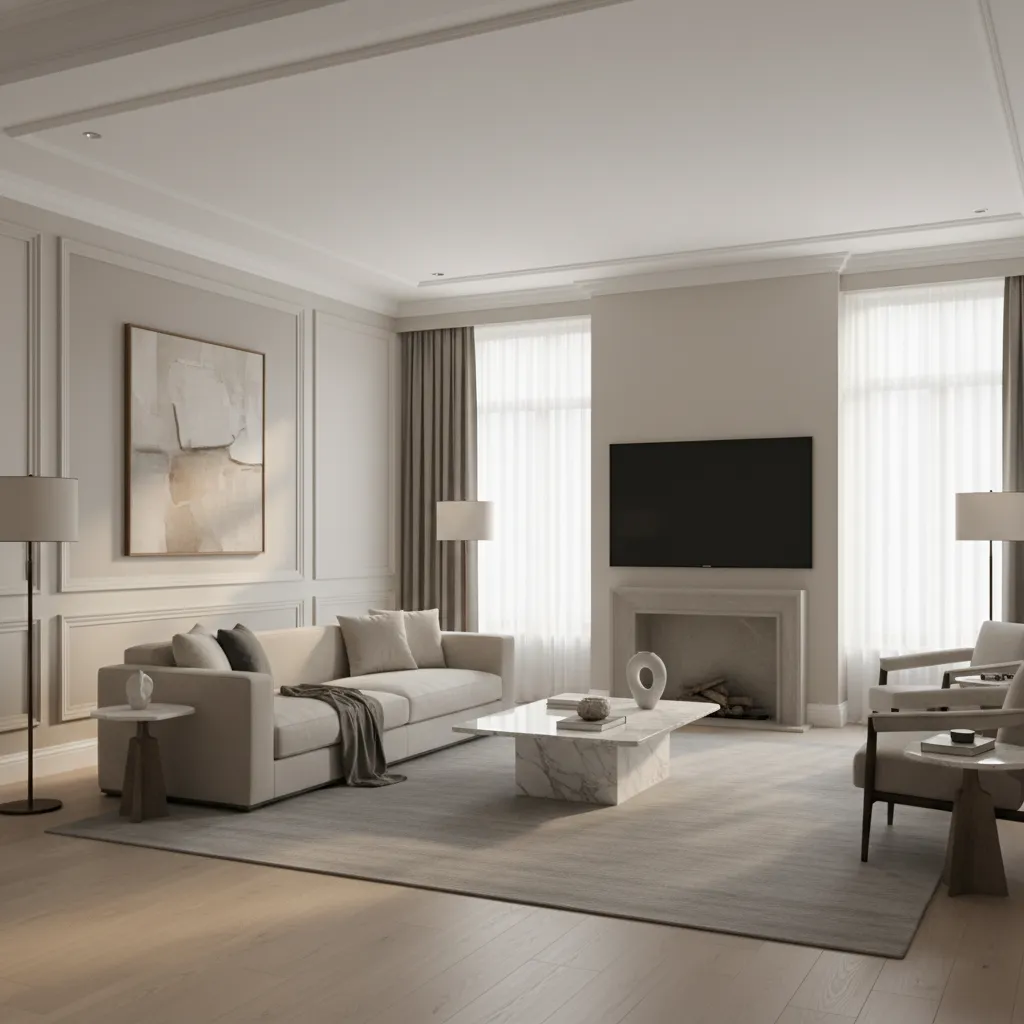 Elegant living room with tall baseboards and high ceilings showing balanced trim proportions