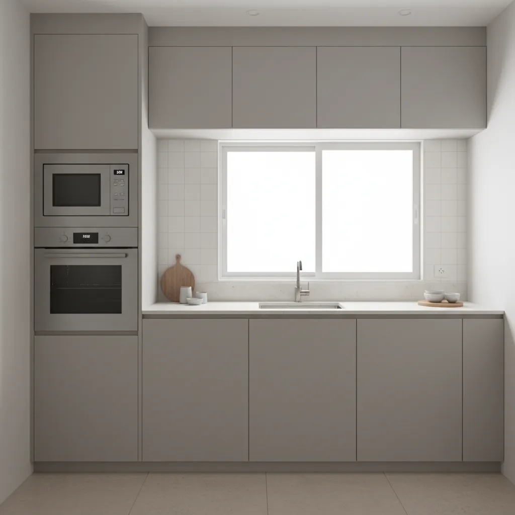 built in oven installed inside tall cabinet in a small modern kitchen