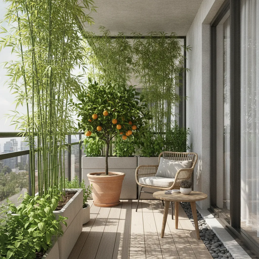 Tall container plants creating natural shade on a small balcony garden