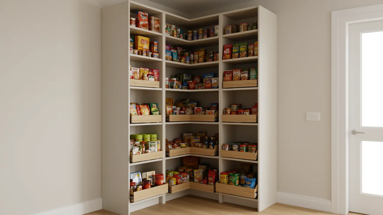 Tall corner pantry cabinet with pull-out shelves in a modern small kitchen