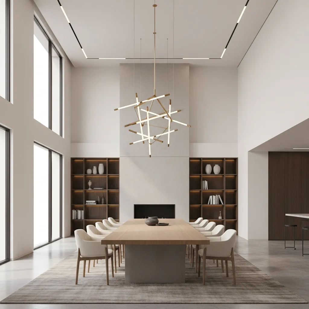 tall dining room interior with chandelier suspended in a high ceiling space