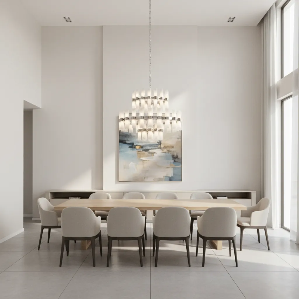 Dining room with tall ceiling showing chandelier properly centered above dining table