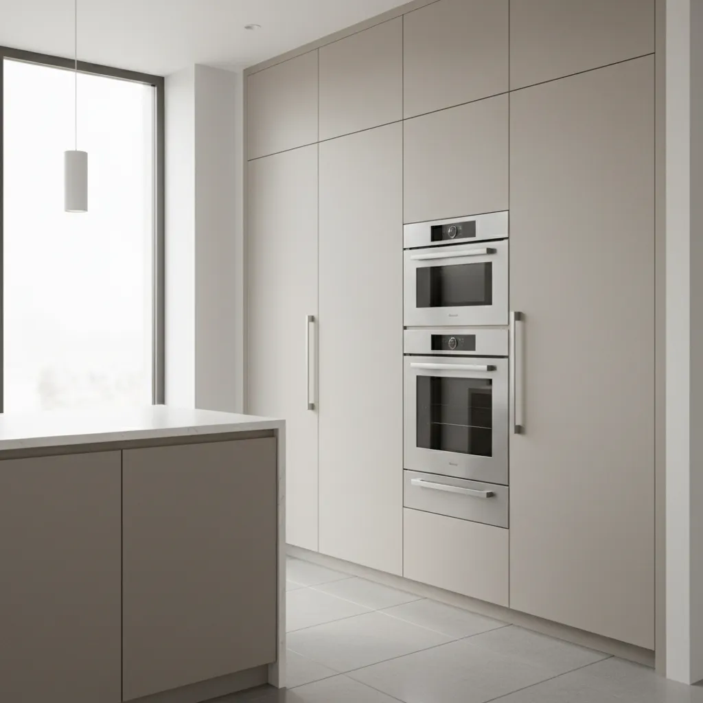 tall kitchen cabinet with built in wall oven and microwave stack