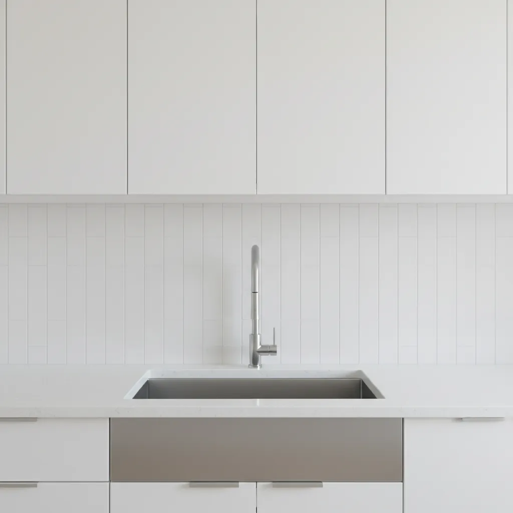 kitchen sink backsplash tiles extending high toward cabinets