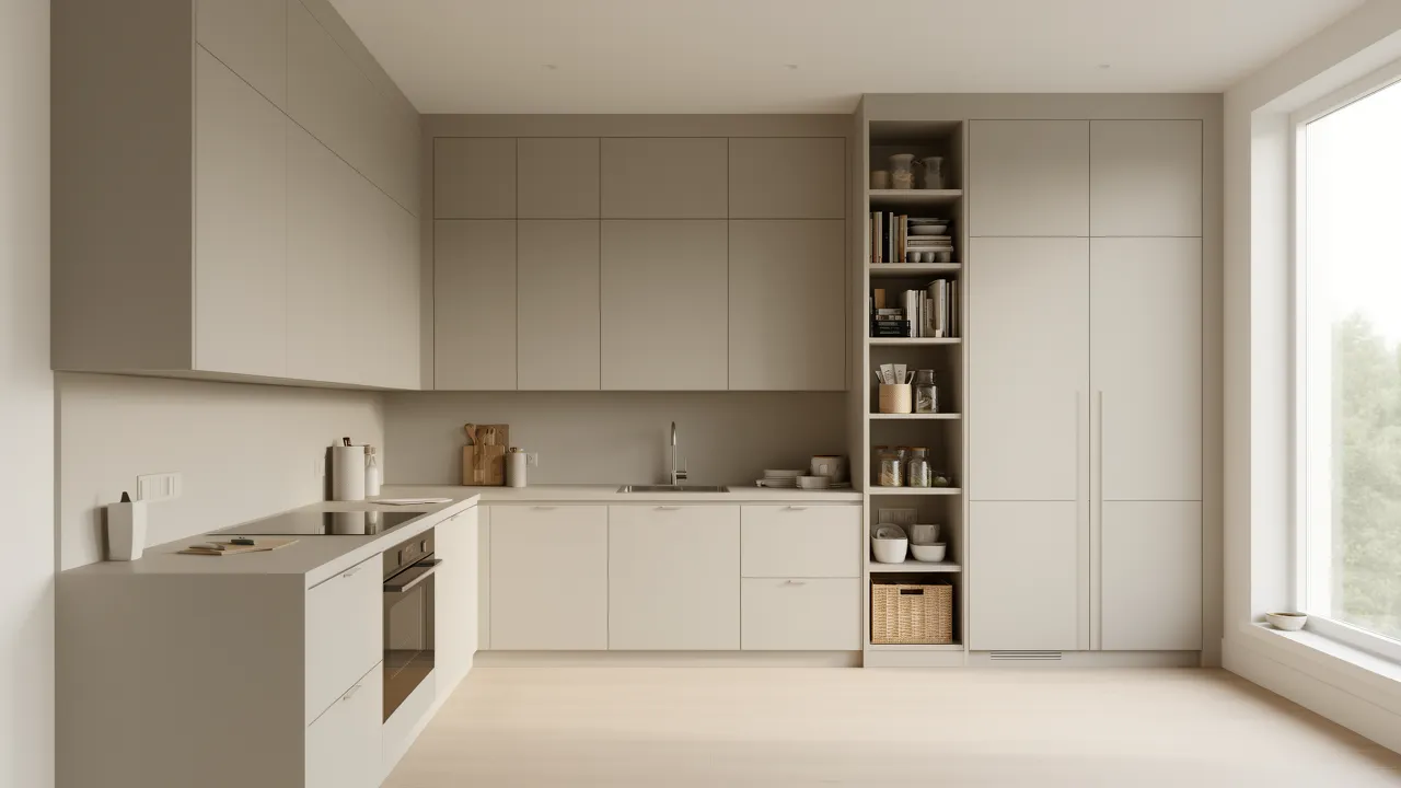 Ceiling height cabinets and vertical pantry storage in a small kitchen
