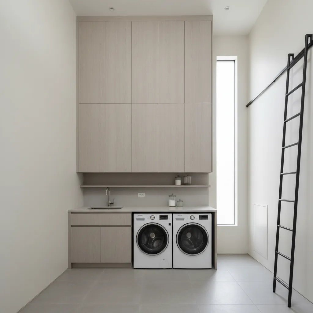Modern laundry room with tall light wood cabinets, washing machines, sink, black ladder, and window