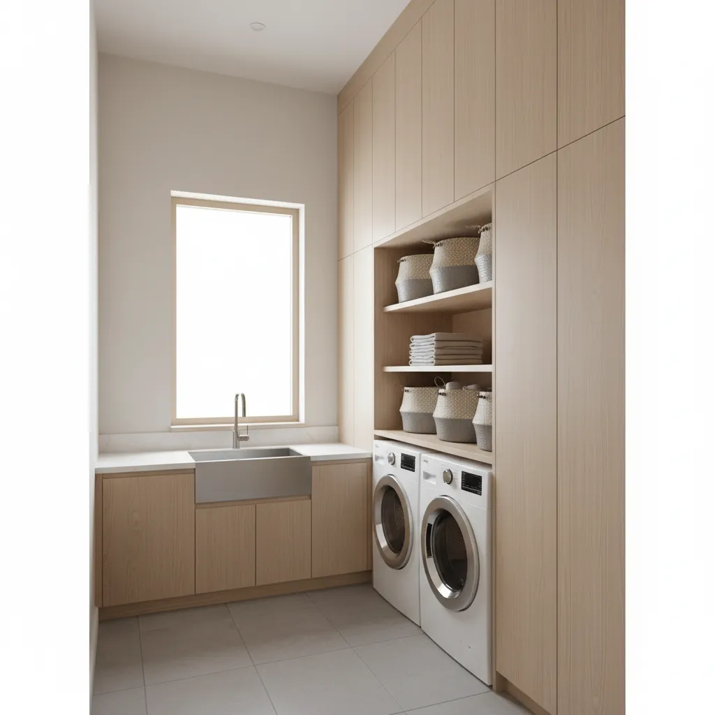 Laundry room with tall ceiling and vertical cabinet storage