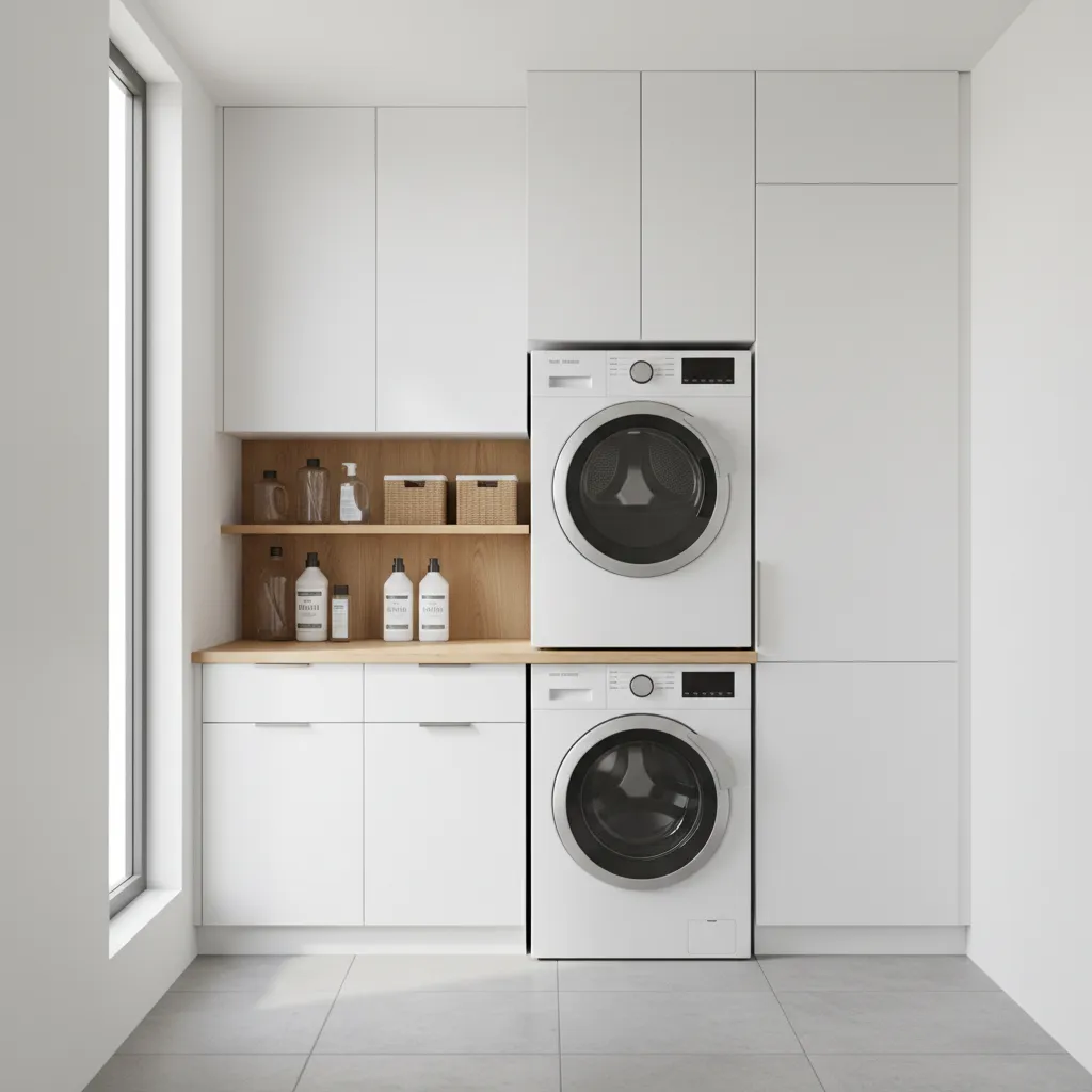 Laundry room with tall wall storage and stacked shelving zones