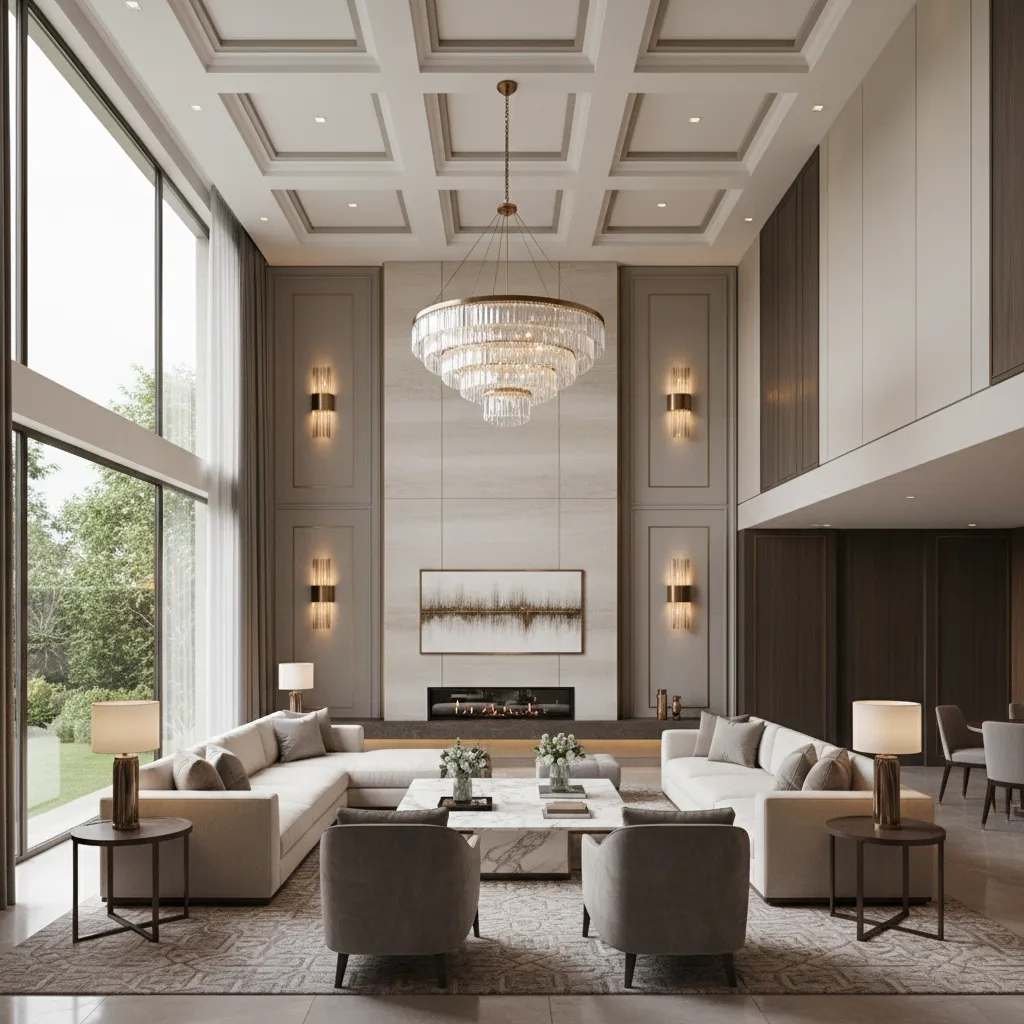 tall living room with chandelier and layered lighting design