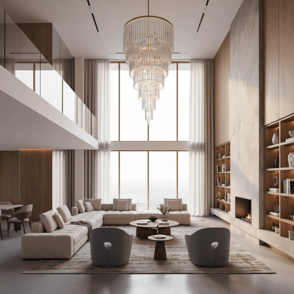 Modern tall ceiling living room with dramatic chandelier