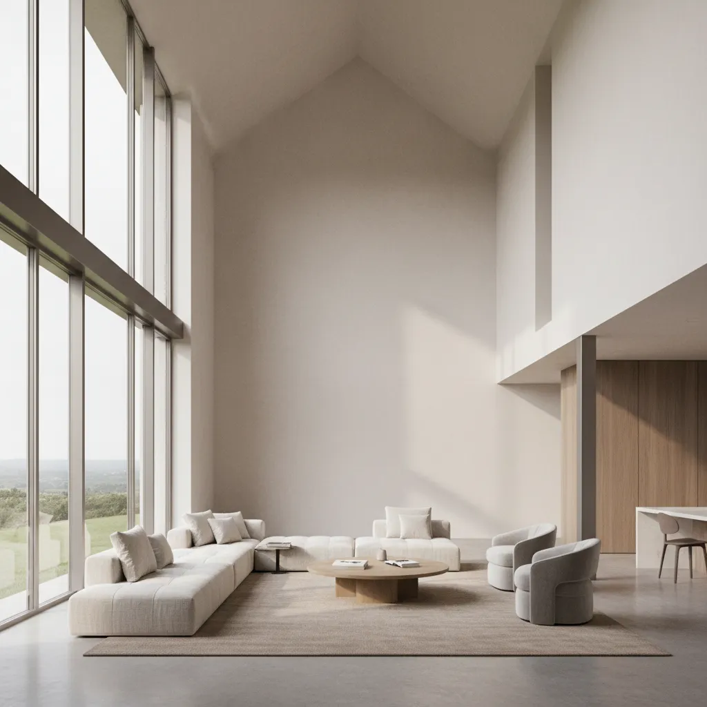 Tall modern living room showing vertical wall space and balanced interior layout