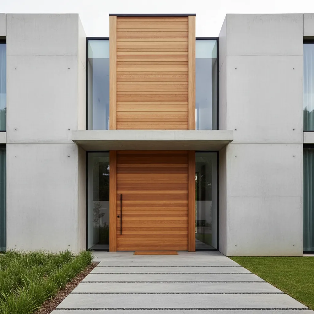 Modern house exterior with a large wood front door concrete walls and straight stone walkway
